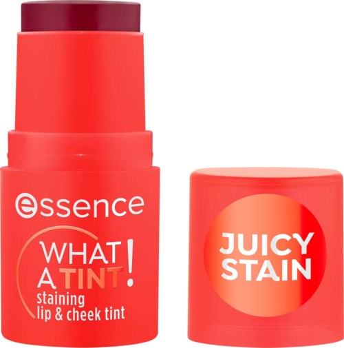 Een rood bakje met de tekst 'Juicy Stain'. Een extra rode tube met de woorden 'What a Tint!' voor lippen- en wangtint.
