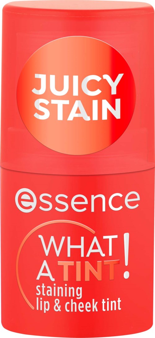 Een rode tube van Essence met Juicy Stain en What A Tint! in grote letters.