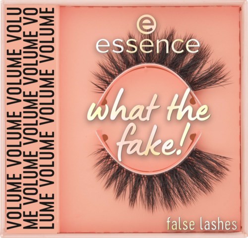 Väriteipin sisältävä vaaleanpunainen laatikko, jossa on teksti what the fake! ja false lashes, merkki essence.