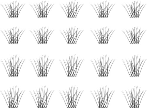 Meerdere rijen van zwarte grassoorten op een witte achtergrond, geleidelijk groter van boven naar onder.