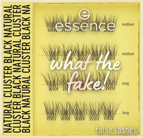 De doos toont verschillende wimperstijlen gemarkeerd medium en long, met de tekst 'what the fake!' en 'false lashes' op een gele achtergrond.