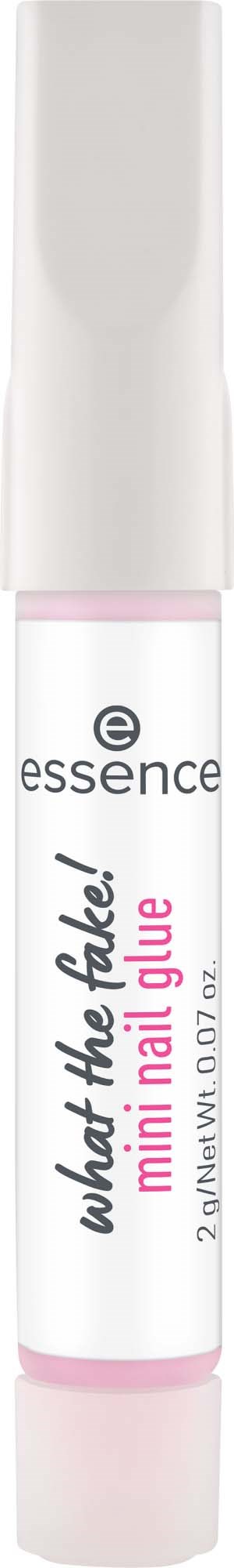 Eine kleine weiße Flasche mit rosa Akzenten, labeled essence mini nail glue,用于粘贴指甲.