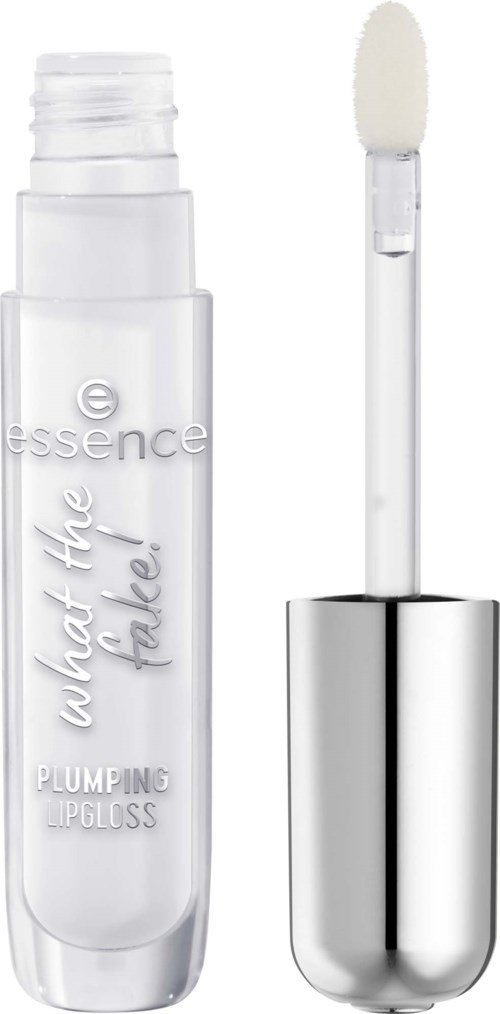 Een doorzichtige lipglossfles met een witte applicator en zilveren dop, gelabeld 'What the Fudge! PLUMPING GLOSS'.