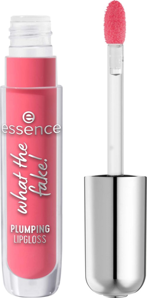 Pinke Lippenstiftverpackung mit weißem und rosa Etikett, und ein Applikatorschwamm mit pinkem Glanz.