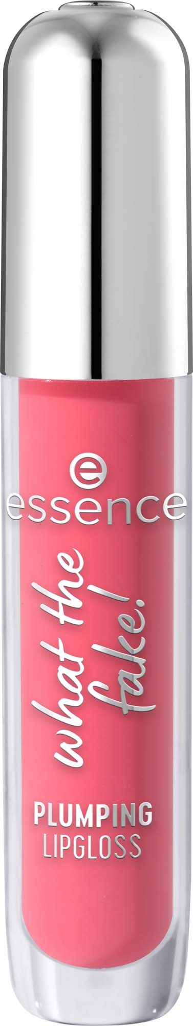 Rote Lipgloss-Hülse mit silberner Kappe, beschriftet What the Hank. Beschriftung sagt Plumping Lipgloss.
