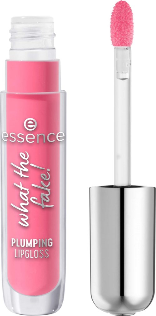 Lippenpflegestift mit rosa Farbe und Applikator, gekennzeichnet als essence What the Fale! Plumping Lipgloss.