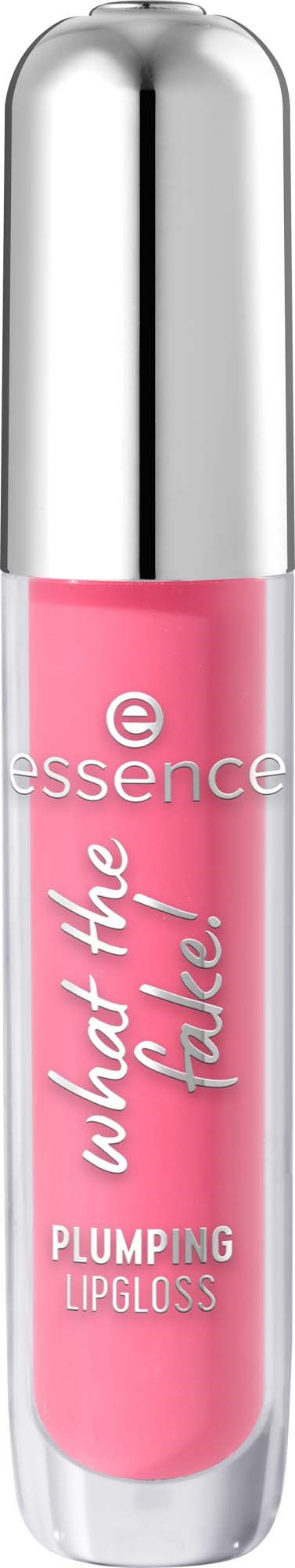 Ein pinkfarbener Lipgloss-Röhrchen mit silberner Kappe, beschriftet Essence, mit den Worten What the flip! und Plumping Lipgloss.
