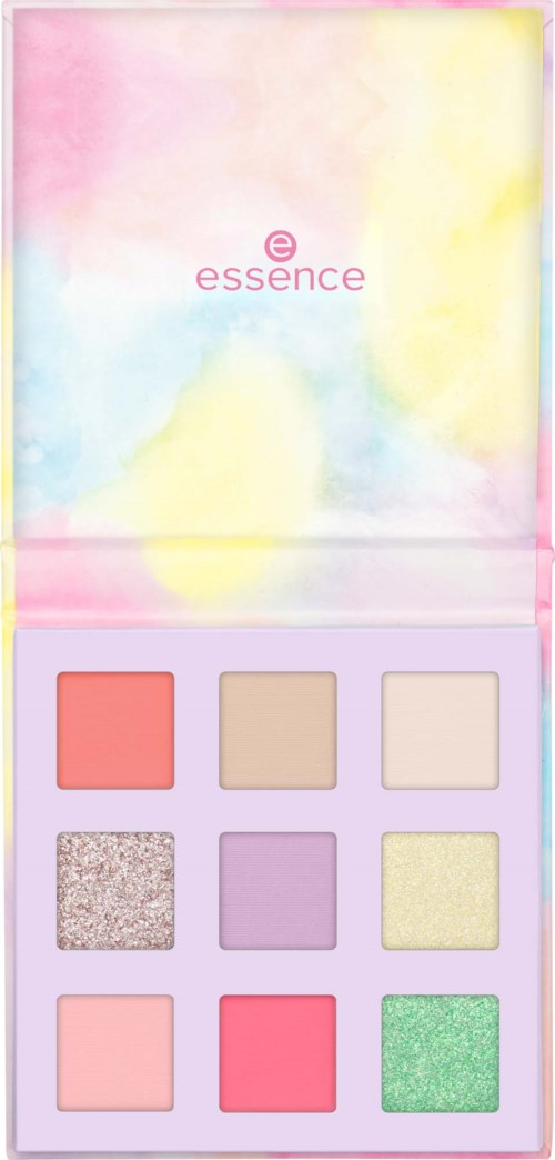 Een pastelgekleurde oogschaduwpalet met negen tinten, inclusief mat, shimmer en glitter. Het deksel heeft een aquareleef idee met "essence"-logo.