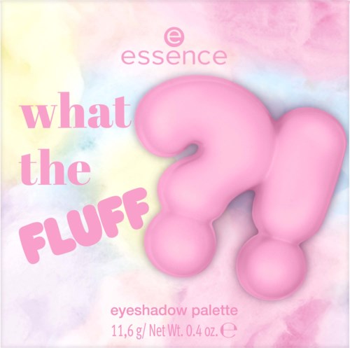 Roze pluizige vormen vormen een vraagteken op een Pastelachtergrond. De tekst noemt 'what the FLUFF?' en oogschaduwpalet.