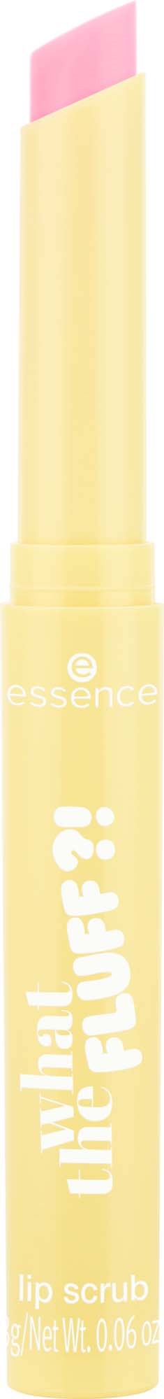 Een gele lip scrub-stick met roze balsem bovenop en tekst 'melt away' op de tube.