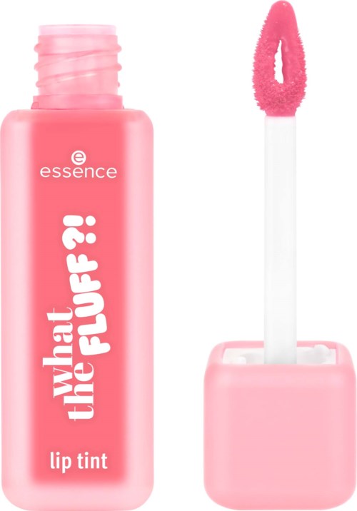 Roze lip tint fles met kwastje, gemarkeerd 'What the F*?! lip tint' door Essence.