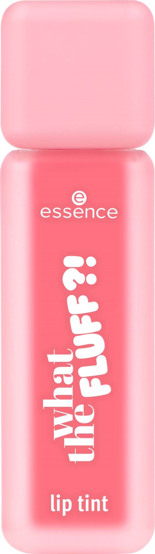 Roze lipglossflesje met een ronde dop, gelabeld 'essence' en 'what little FLUFF?!' in witte letters.