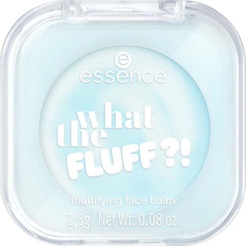 Een kleine, ronde container met gezichtscrème genaamd 'what the FLUFF?!' in wit en lichtblauw.