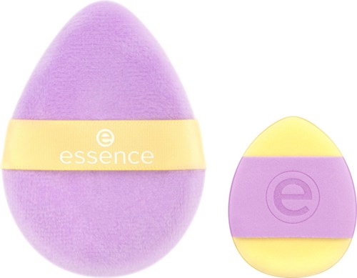 A large purple and yellow makeup sponge with a smaller matching sponge beside it, both labeled 'essence'.