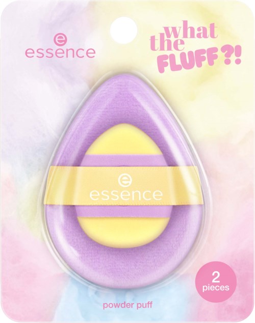 A powder puff by essence with purple and yellow colors, labeled 'what the FLUFF?!' in pink, two pieces included.