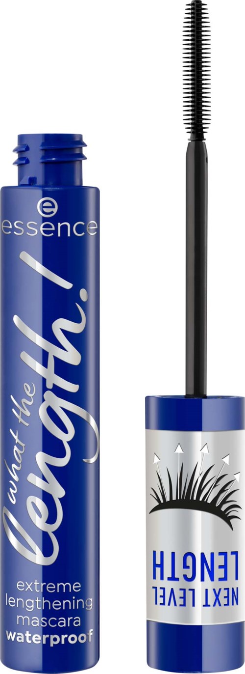 Blue mascara tube with a brush, labeled 'Next Level Length' and 'Extreme Lengthening' that is waterproof.