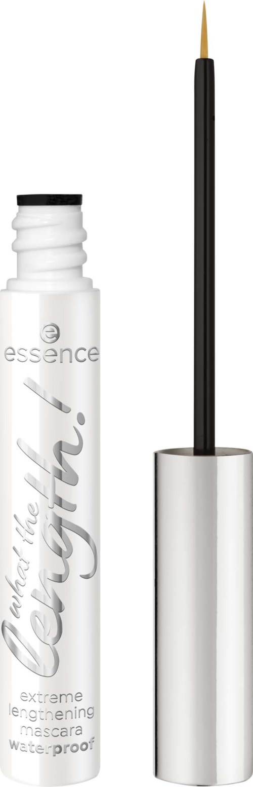 Een witte tube waterproof mascara en een zwarte mascara kwast met zilveren dop.
