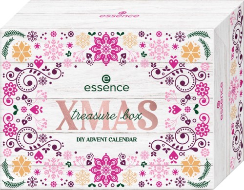 Eine dekorative Schachtel mit pinken, lila und gelben Blumen- und Wirbelmustern, bezeichnet als 'treasure box' für DIY-Weihnachtsadventskalender.