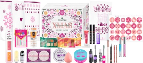 Ein Schönheitsgeschenkset mit Make-up, Hautpflege und Zubehör in pinker und lila Verpackung, in einer Box arrangiert.