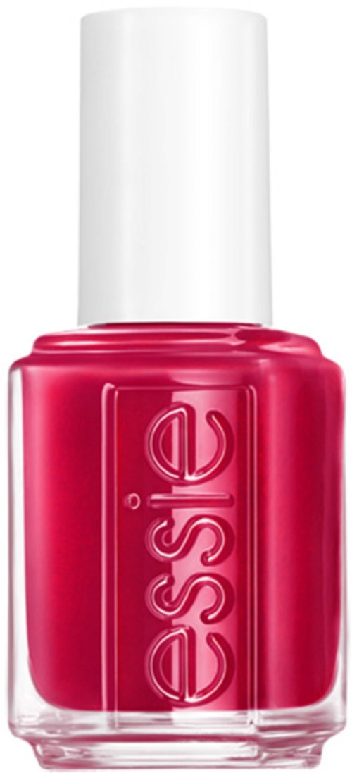 Röd nagellacksflaska med vit kork, märkt 'essie'.