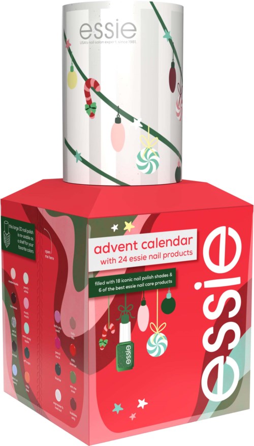 Een rode doos met kerstversieringen en een adventskalender met 24 nagelproducten. Een blikje staat bovenop.