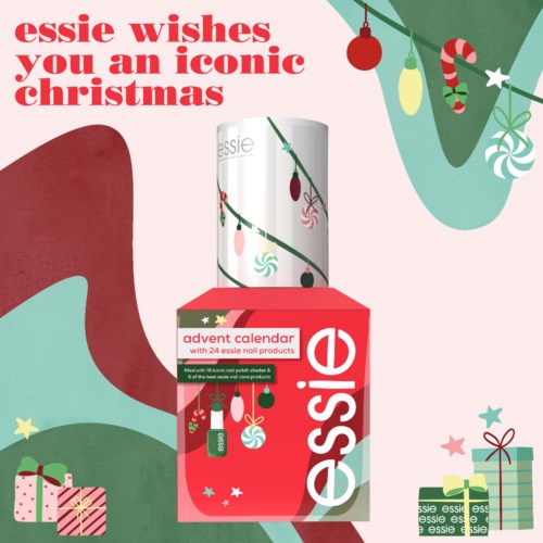 Een kerstkalender met 24 nagelproducten, versierd met kerstdecoraties, snoepstokken en cadeautjes in feestelijke kleuren.