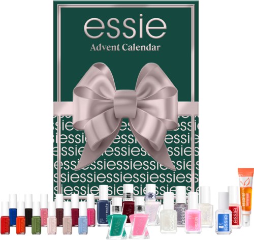 A box labeled 'Essie Advent Calendar' decorated with a silver bow, containing various nail polish bottles.
