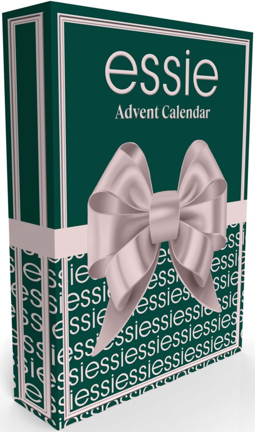 A green box with white text offers an Advent calendar from Essie, decorated with a big silver ribbon.