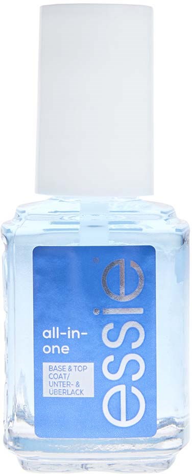 A clear nail polish bottle with a white cap and a blue label that reads 'essence all-in-one' and 'base & top coat.'