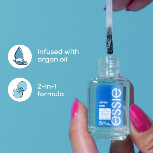 Nail polish bottle with a dropper, highlighting argan oil infusion and a 2-in-1 formula. End with 'all-in-one' benefit.