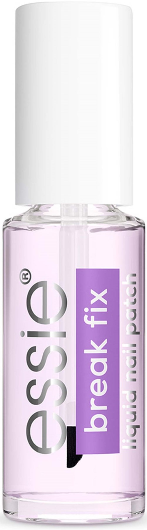 A clear nail polish bottle with a white cap, brand name 'essie', and text 'break fix' on the label.