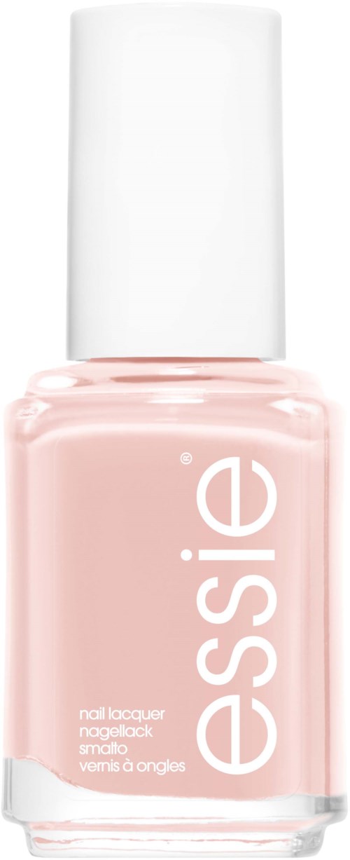 En liten rosa nagellacksflaska med vit lock och "essie's" logga på fronten.