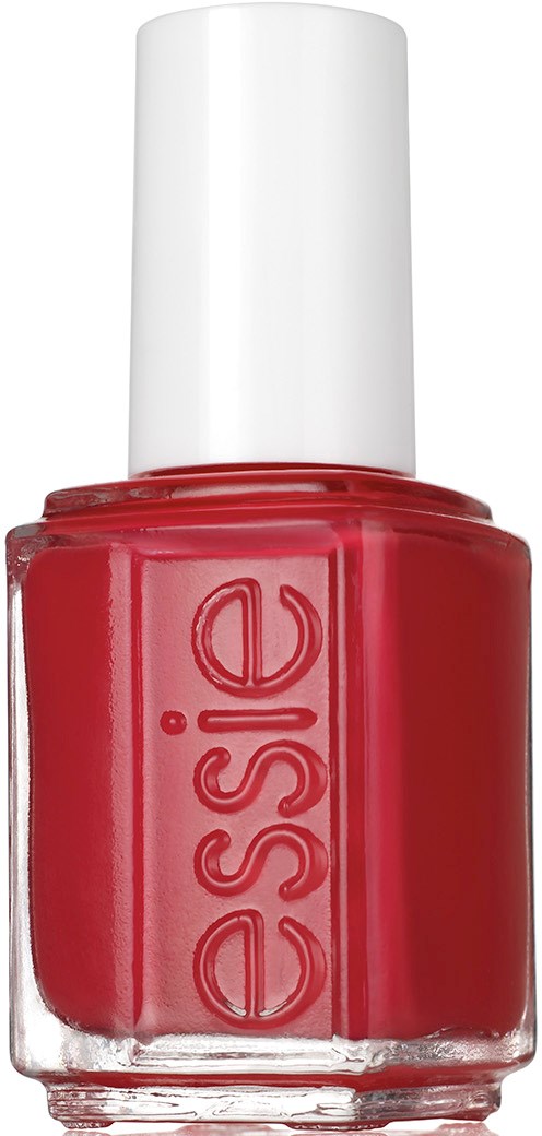 En flaska med ljusröd nagellack med märket 'essie' och vit kork.
