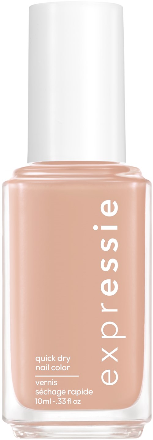 A bottle of beige nail polish with a white cap. The brand name 'essie' is written vertically on the bottle.