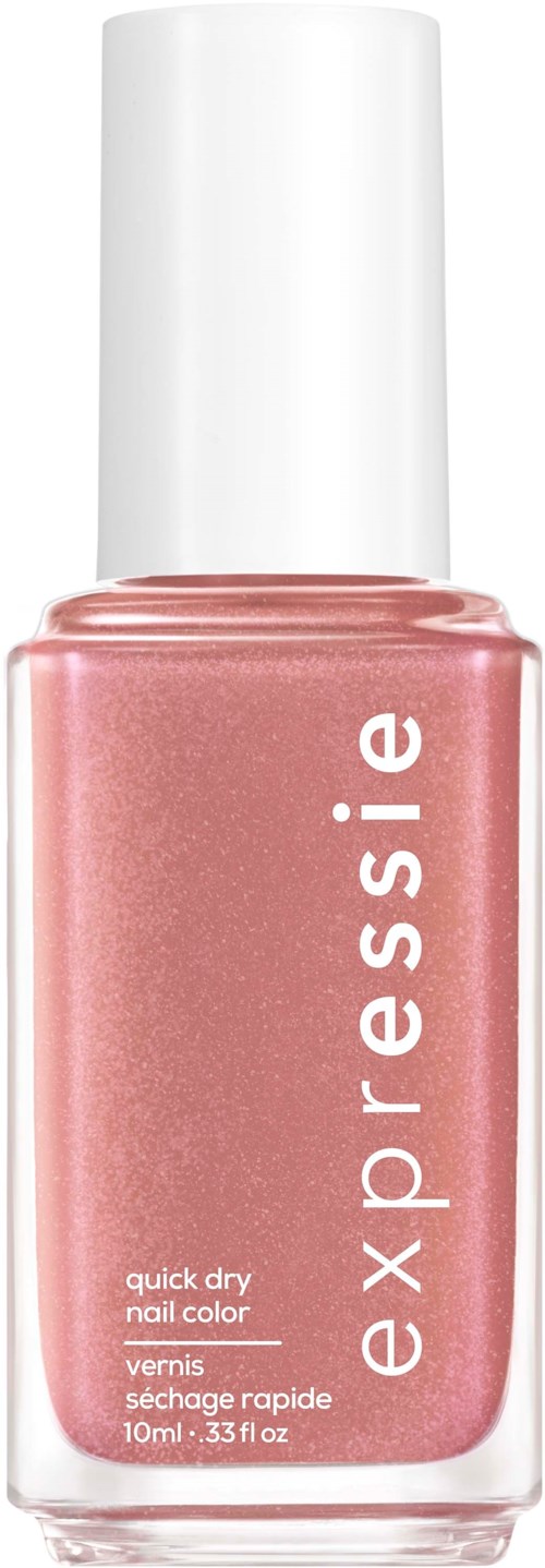 A small glass bottle of pink nail polish with a white cap, labeled 'essie' and 'quick dry nail color'.