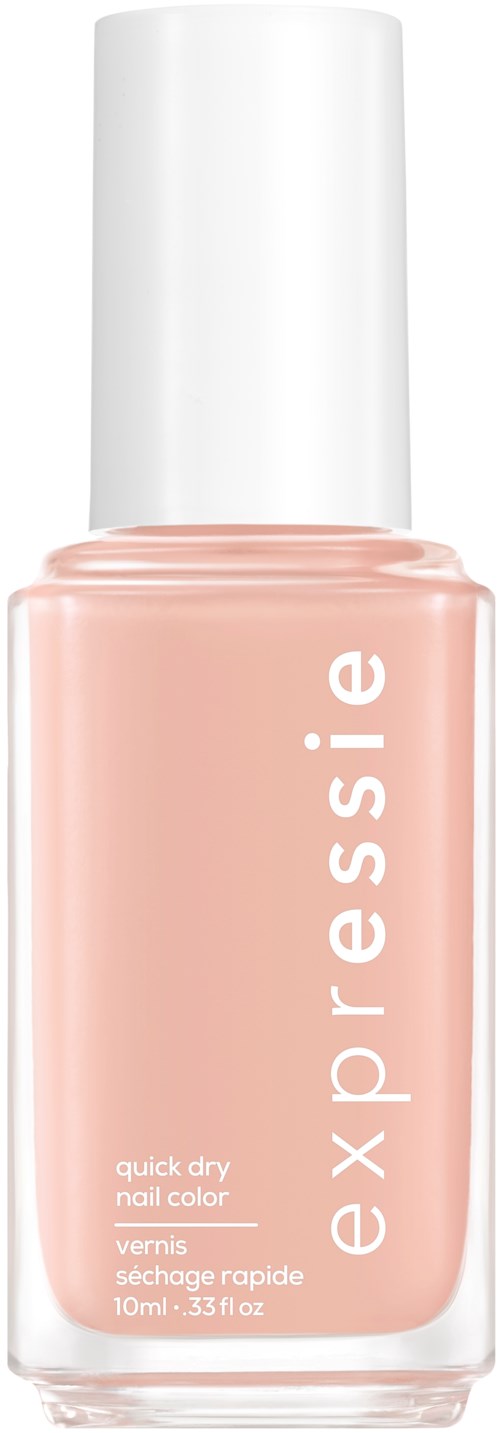 Pink nail polish bottle with white cap, labeled 'essie', quick dry, 10ml.