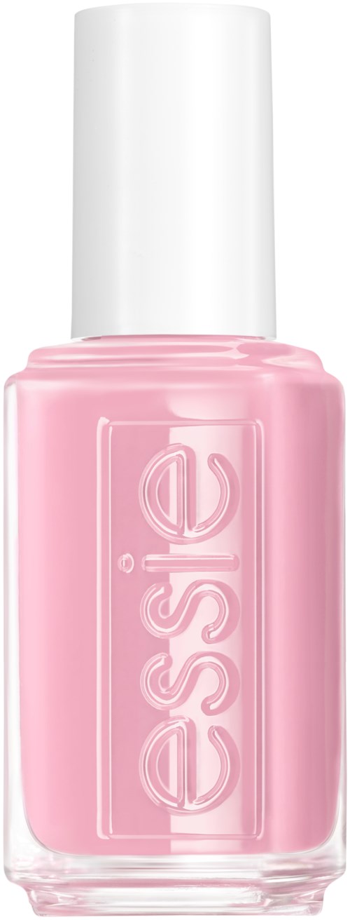 A bottle of pink nail polish with a white cap, labeled 'essie' on the front.