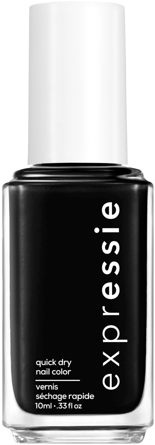 A black nail polish bottle with a white cap, labeled 'essie quick dry nail color,' on a plain background.