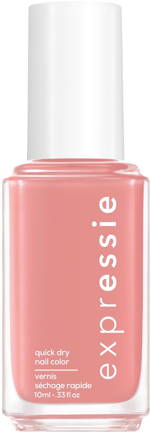 A pink nail polish bottle with a white cap and white text reading "essie" and "quick dry nail color."