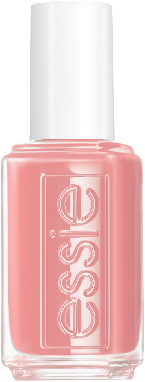 A pink nail polish bottle with a white cap, labeled 'essie'.