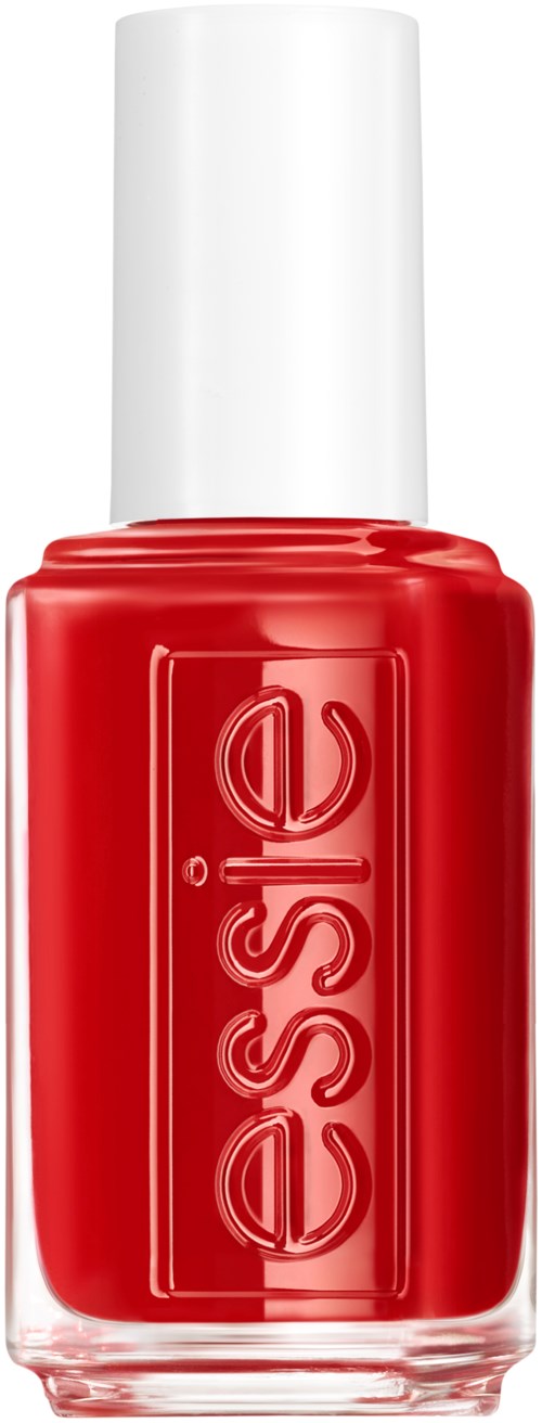 A red nail polish bottle with a white cap and the brand name 'essie' on the front.