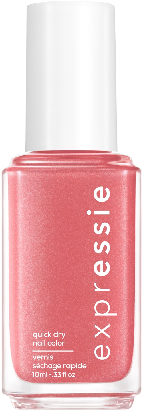 Pink nail polish in a clear bottle with a white cap, labeled 'essie' and 'quick dry nail color'.