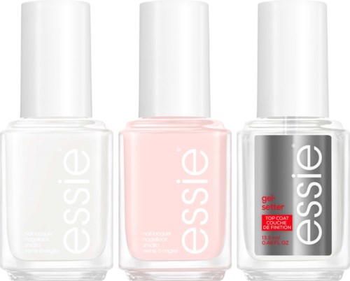 Tre flasker neglelakk merket 'Essie', én hvit, én rosa, én med svart og rødt design.