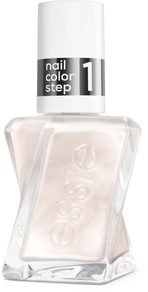 A clear nail polish bottle with white polish inside. It has a white cap with black and gray label reading 'nail color step 1.'
