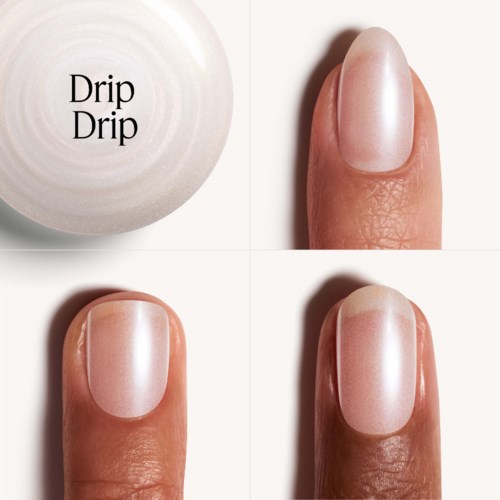 A small round bottle labeled 'Drip Drip' and three close-up images of a fingernail with light pink polish.