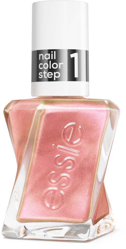 A pink nail polish bottle with a white cap labeled 'nail color step 1.'