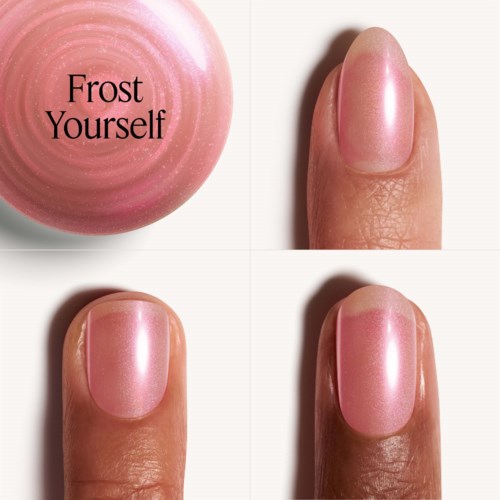 Four images show a pink nail polish bottle and the process of painting a fingernail. The polish is shiny and smooth.