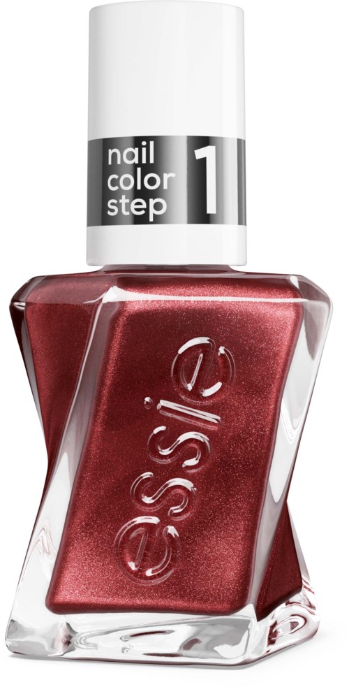A bottle of red nail polish with a white cap and a label that says 'nail color step 1'.