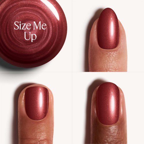 A nail polish container and four fingers with painted nails in a shiny, reddish-brown color.