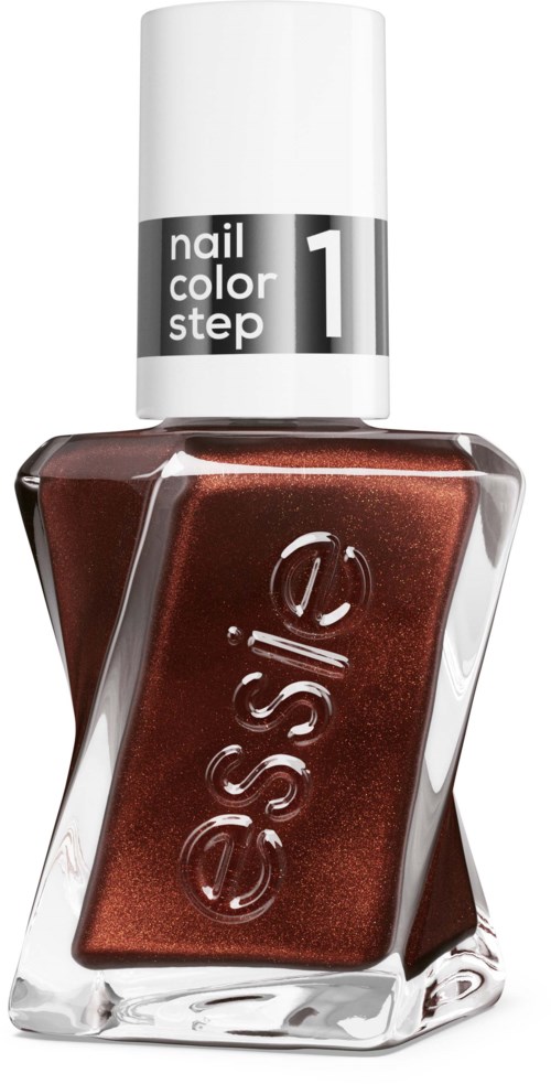 A bottle of metallic copper nail polish with white cap and black label, labeled 'nail color step 1' by Essie.